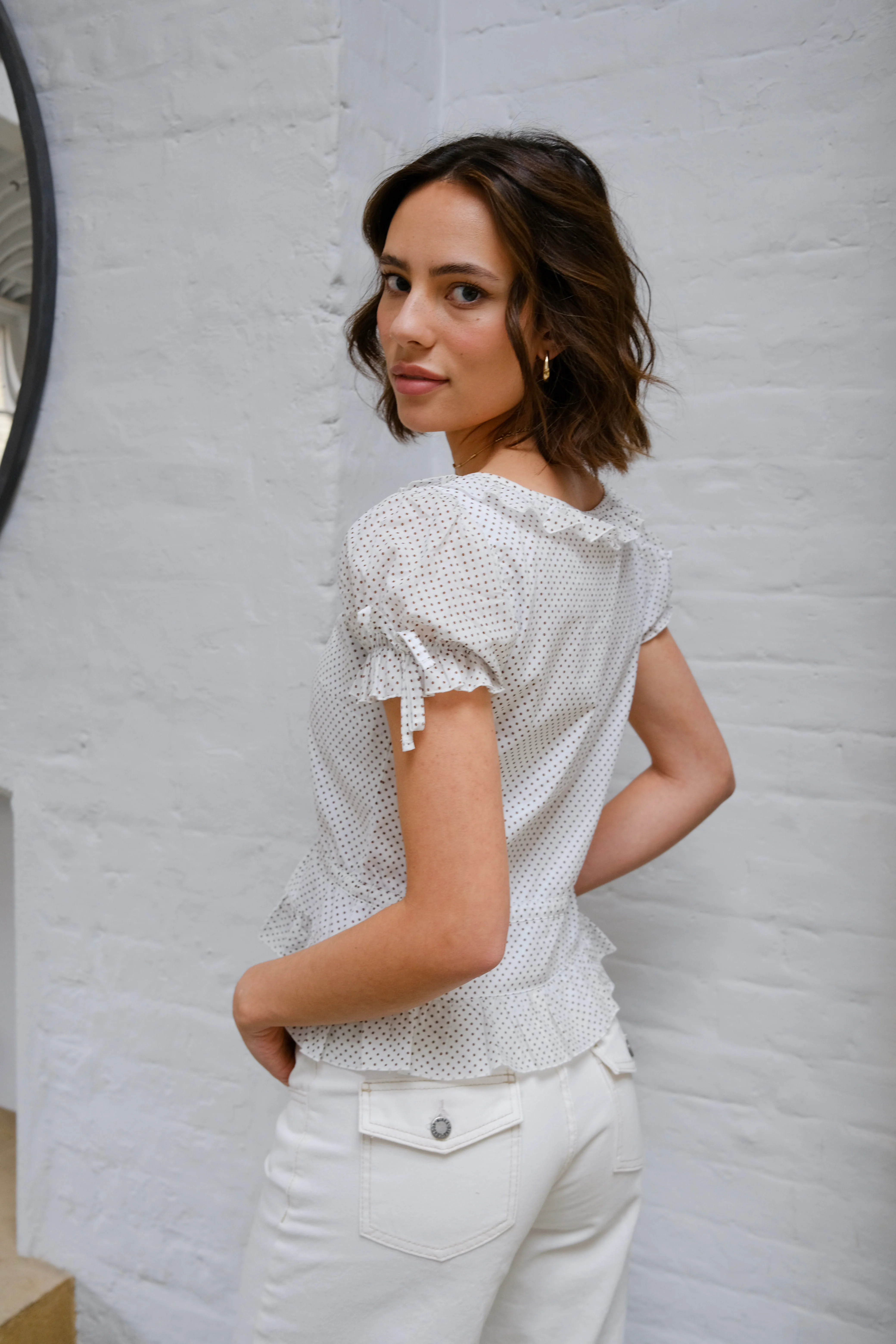 Ines Blouse - White & Brown Polka Dot - Image 5