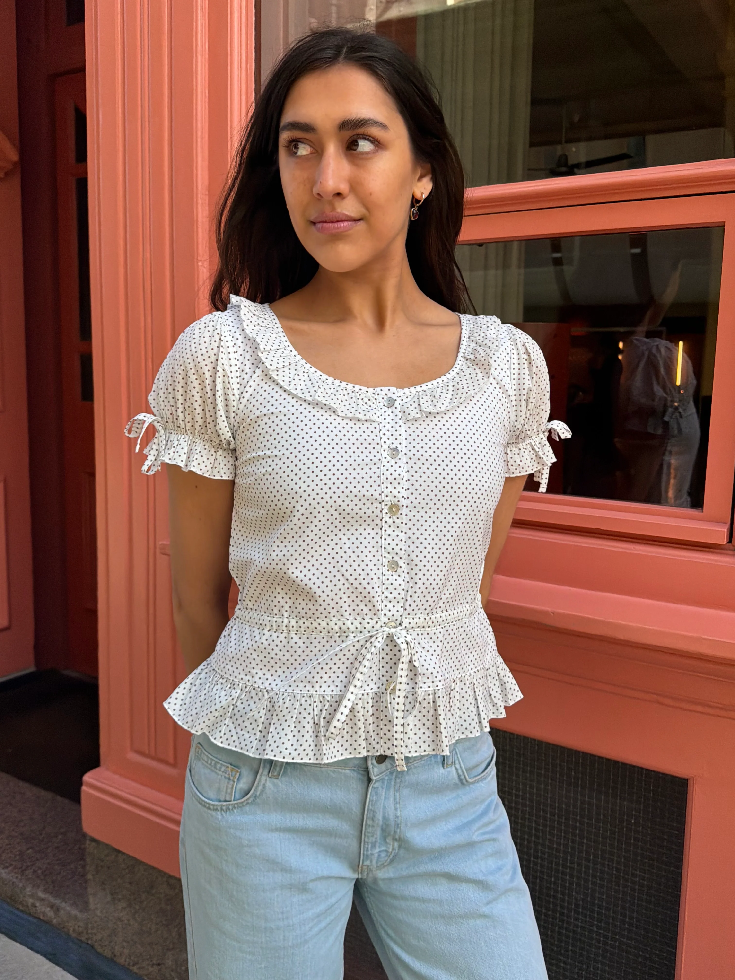 Ines Blouse - White & Brown Polka Dot - Image 6