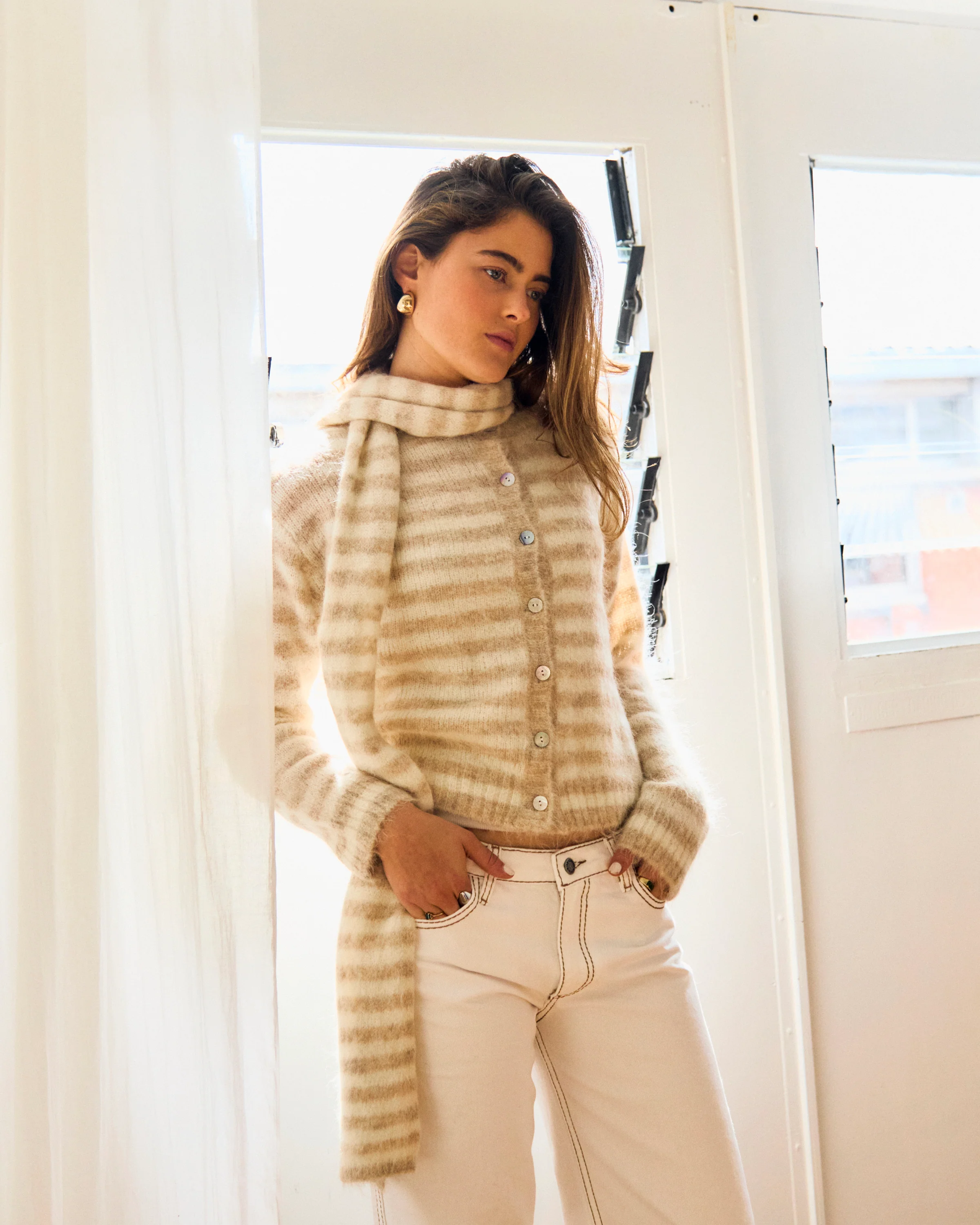 Evie Cardigan - Beige Stripe - Image 4